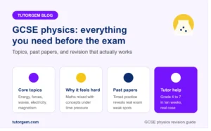 GCSE physics guide showing core topics, why it feels hard, past papers revision, and tutor help before the exam