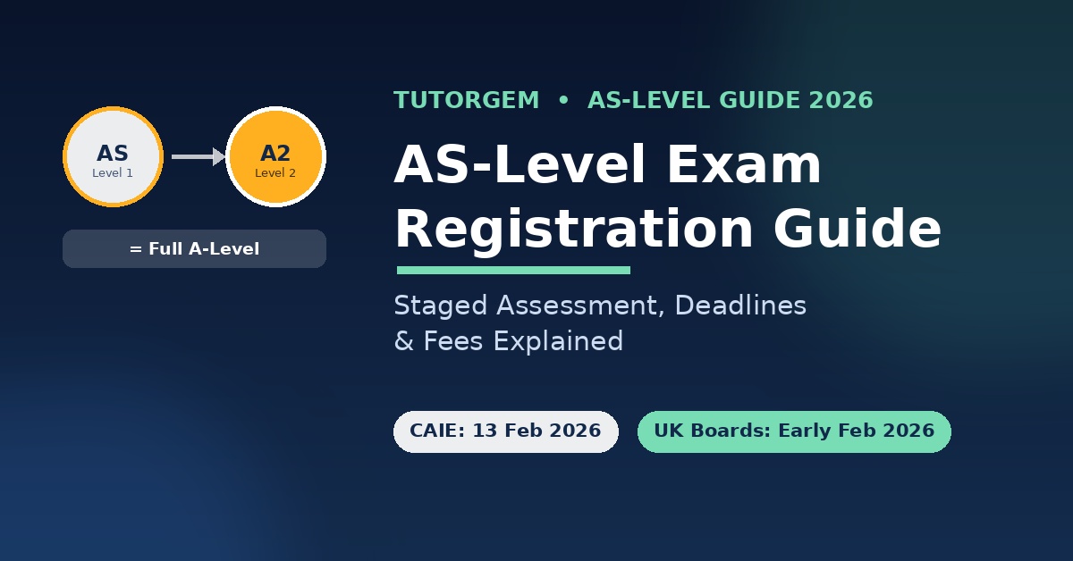 AS-Level exam registration guide showing staged assessment progression from AS to A2 to full A-Level with 2026 deadlines