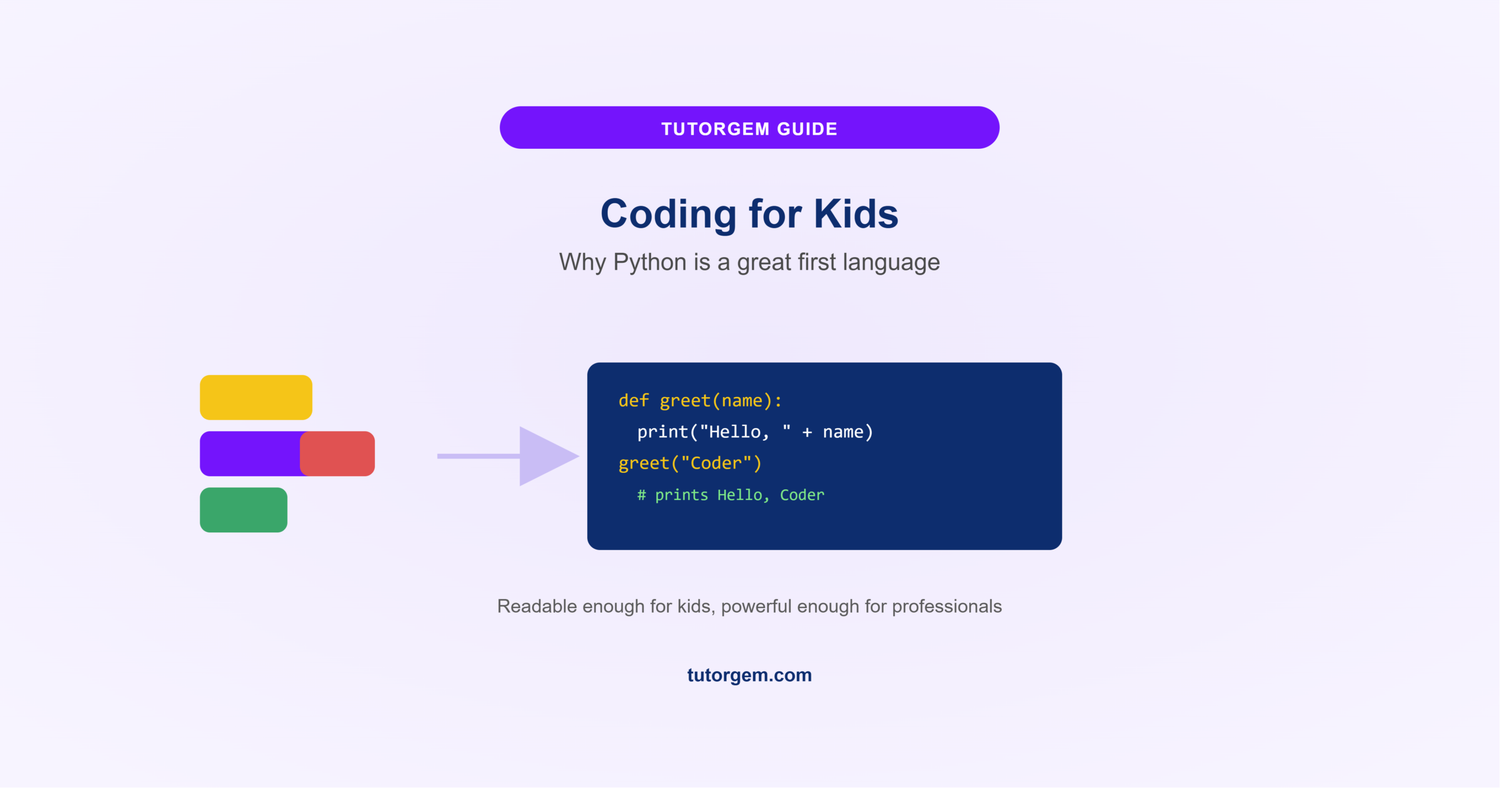 Coding for kids, colorful Scratch style blocks transitioning into Python code on screen