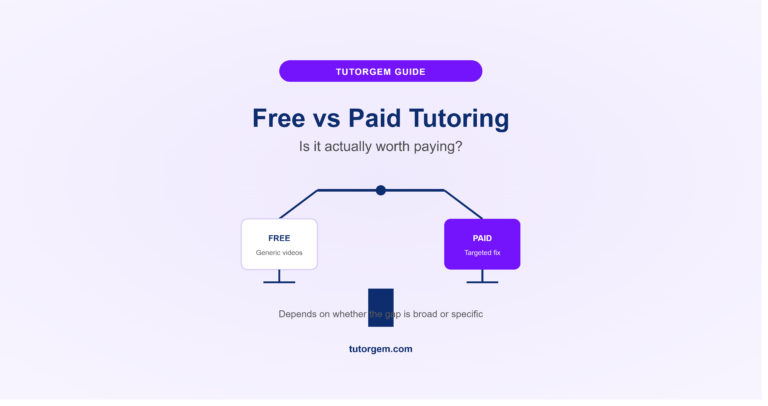 Free tutoring vs paid tutoring shown on a balance scale, free generic videos against paid targeted fix