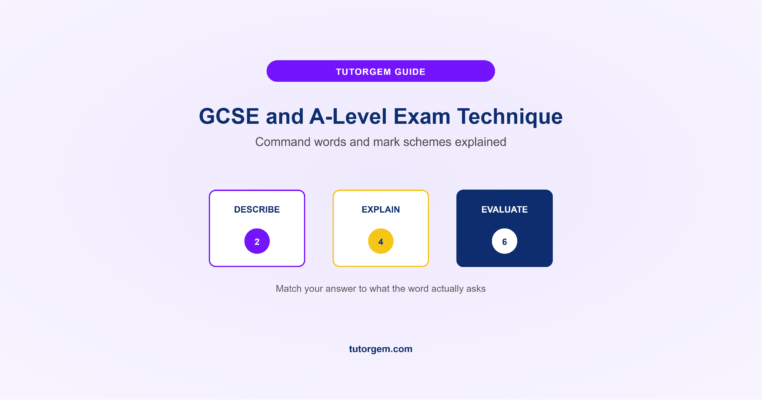 GCSE and A-level exam technique showing Describe, Explain, and Evaluate command word cards matched to their mark values