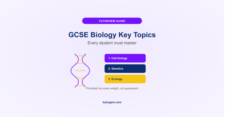 GCSE biology key topics ranked by exam weight, cell biology, genetics, and ecology, next to a DNA helix