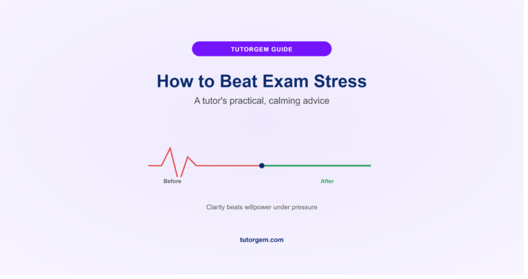 How to beat exam stress, a jagged stress line calming into a smooth breathing wave