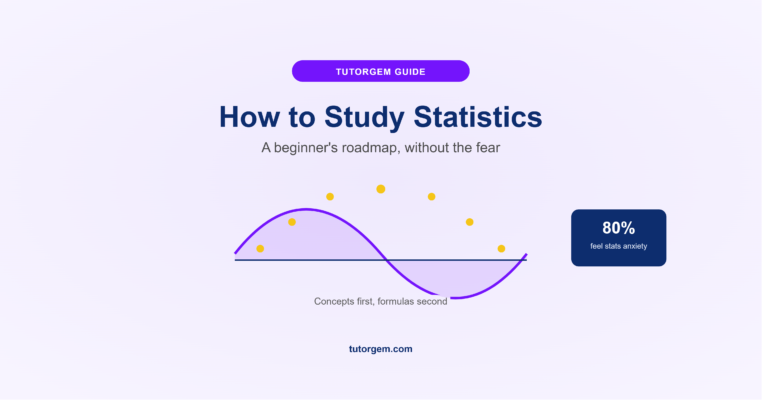 How to study statistics guide showing a bell curve with data points and the statistic that 80 percent of students feel statistics anxiety