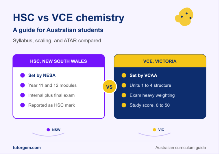 HSC vs VCE chemistry comparison showing curriculum authority, structure, and scaling for Australian students