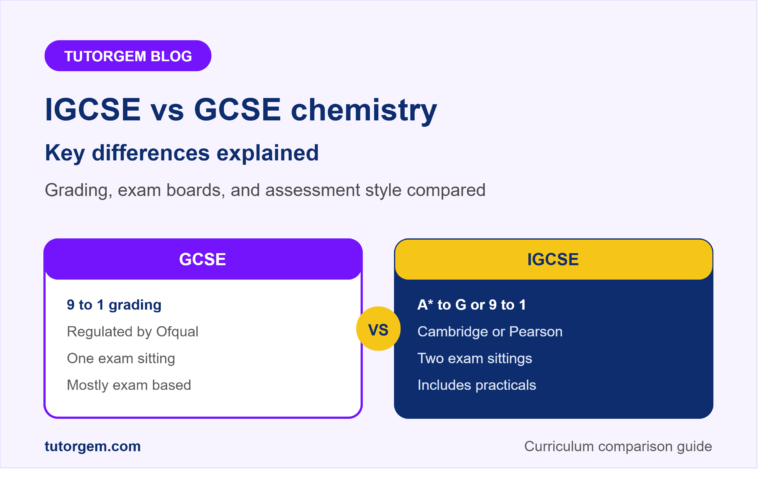 IGCSE vs GCSE chemistry comparison showing grading scale, exam board, and assessment style differences