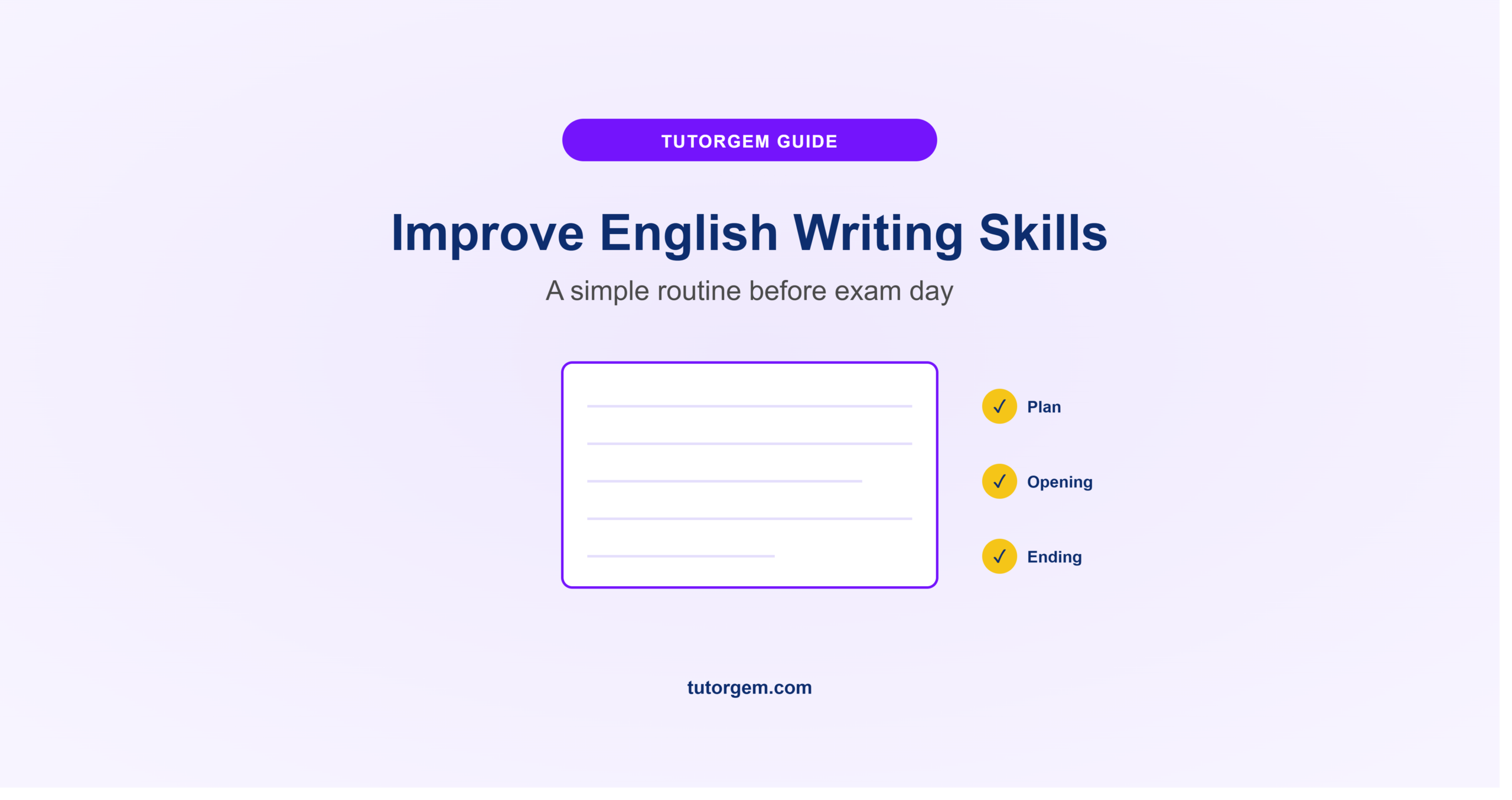 Improve English writing skills for exams, showing a checklist of plan, opening, and ending on a lined page