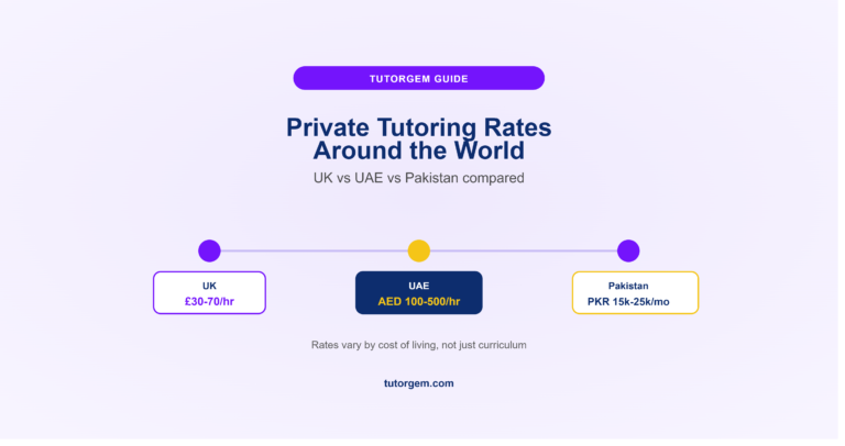 International private tutoring rates comparison showing UK, UAE, and Pakistan connected on a map style layout with their pricing