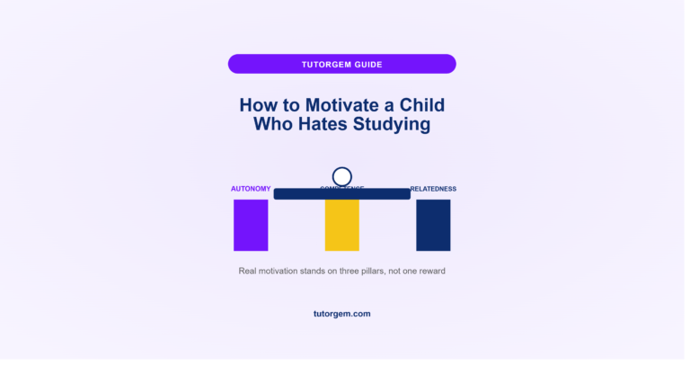 How to motivate a child who hates studying, three pillars labeled autonomy, competence, and relatedness supporting a small figure