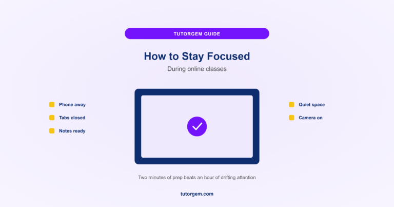 How to stay focused during online classes, laptop checklist with phone away, tabs closed, notes ready, quiet space, and camera on