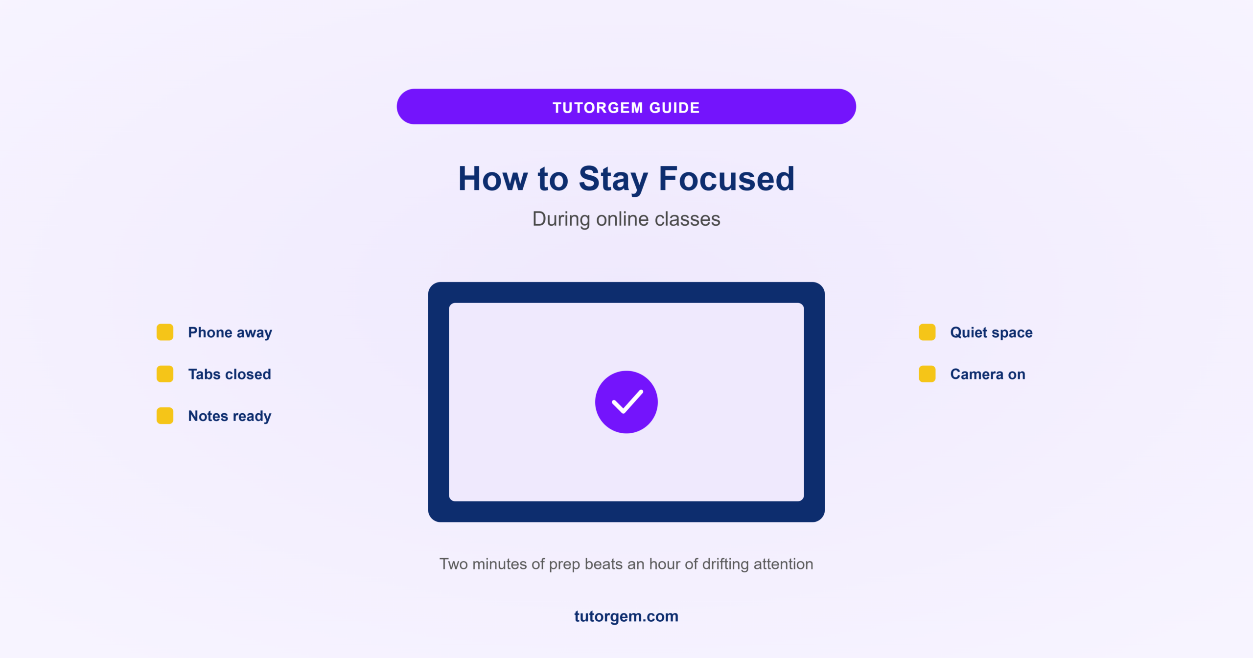 How to stay focused during online classes, laptop checklist with phone away, tabs closed, notes ready, quiet space, and camera on