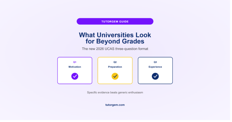 What universities look for beyond grades, showing three UCAS 2026 application questions on motivation, preparation, and experience