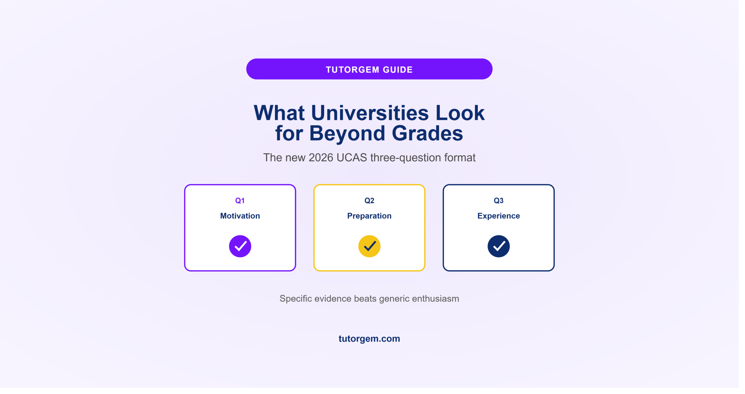 What universities look for beyond grades, showing three UCAS 2026 application questions on motivation, preparation, and experience