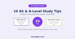 10 AS Level A Level study tips featuring active recall and a red-amber-green topic confidence map