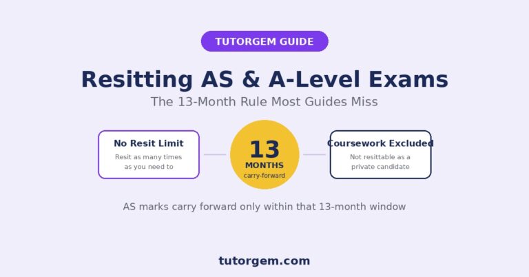 Guide to resitting AS-Level and A-Level exams showing the 13-month carry-forward rule, no resit limit, and coursework exclusion for private candidates