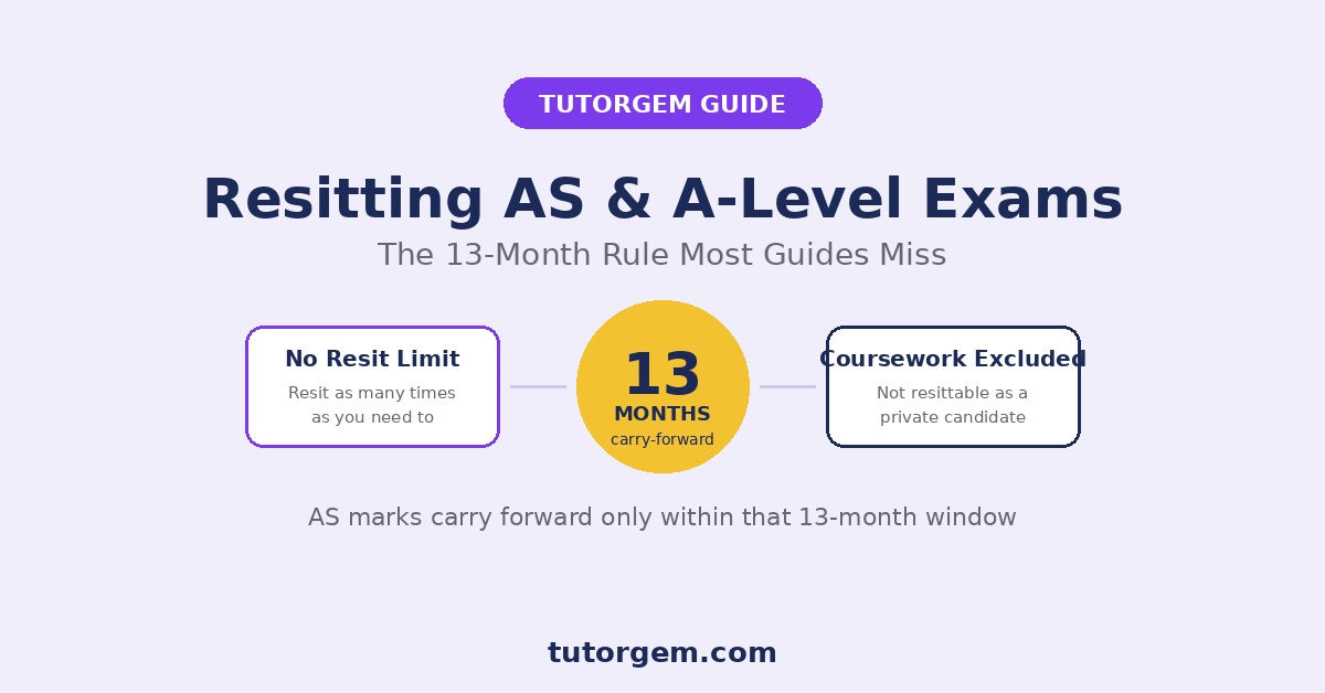 Guide to resitting AS-Level and A-Level exams showing the 13-month carry-forward rule, no resit limit, and coursework exclusion for private candidates